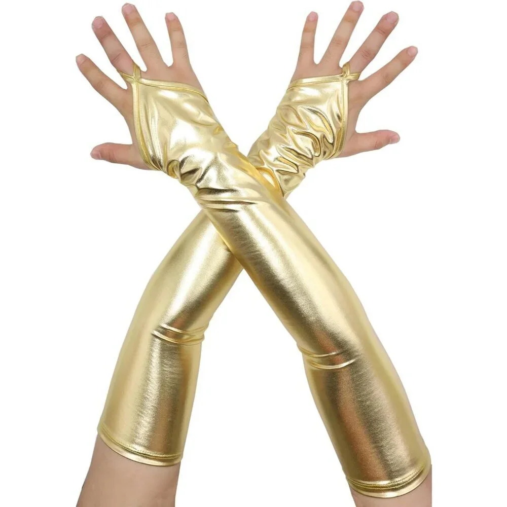 Women's Fingerless Shiny Metallic Spandex Gold Fashion Long Elastic Gloves